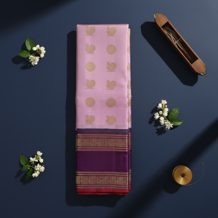 Kanchipuram Silk Saree - Blush Pink with Gold Zari Peacock Medallion & Floral Buttas & Broad Deep Plum Purple Gold Zari Peacock Border