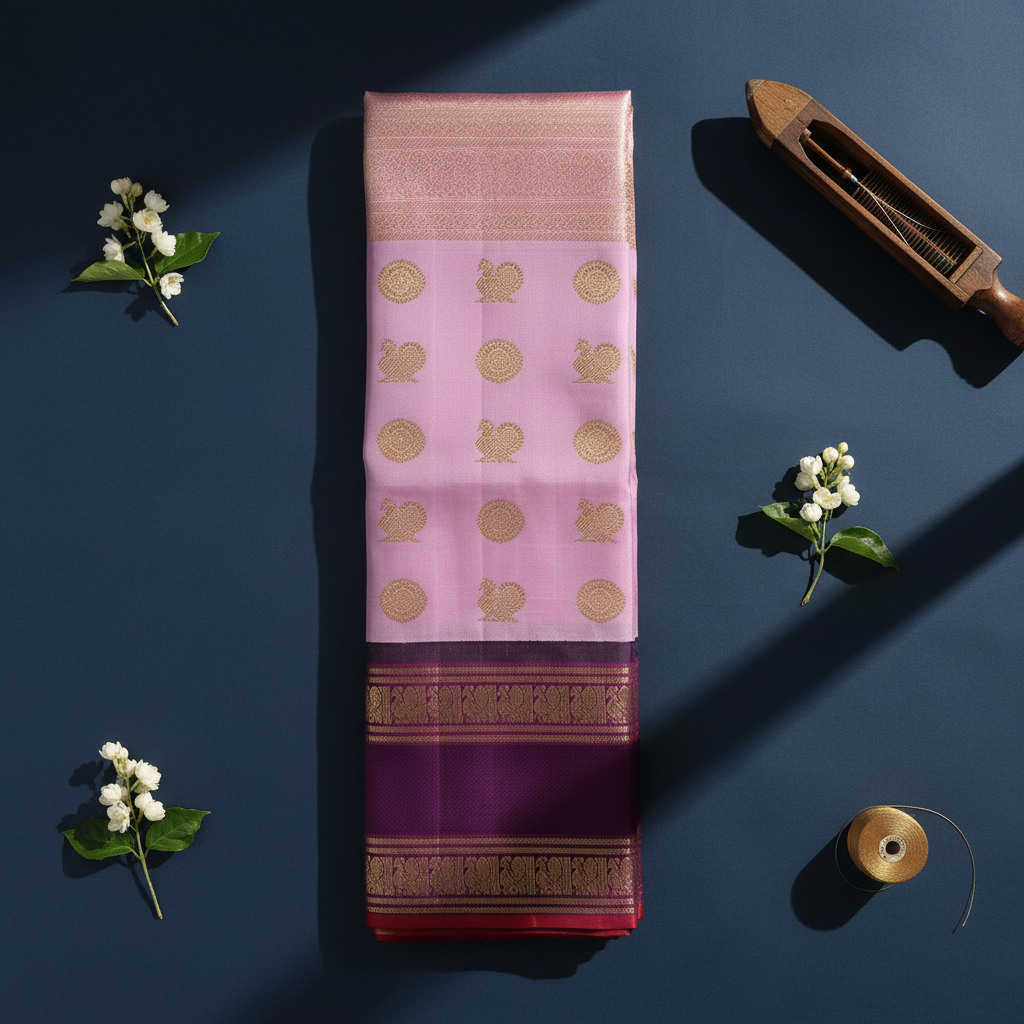 Kanchipuram Silk Saree - Blush Pink with Gold Zari Peacock Medallion & Floral Buttas & Broad Deep Plum Purple Gold Zari Peacock Border