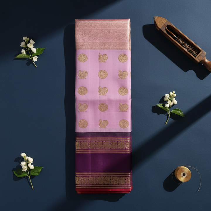 Kanchipuram Silk Saree - Blush Pink with Gold Zari Peacock Medallion & Floral Buttas & Broad Deep Plum Purple Gold Zari Peacock Border
