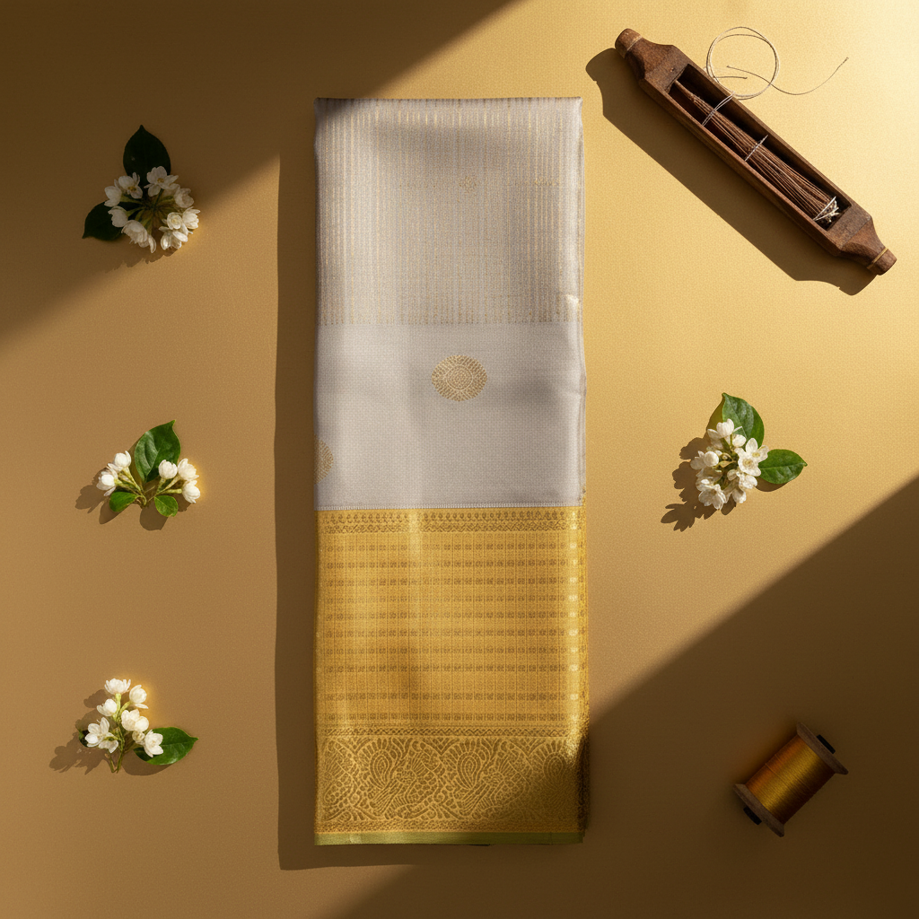 Kuberan Silver Grey with Gold Zari Sunflower Buttas & Antique Gold Border Kanchipuram Silk Saree