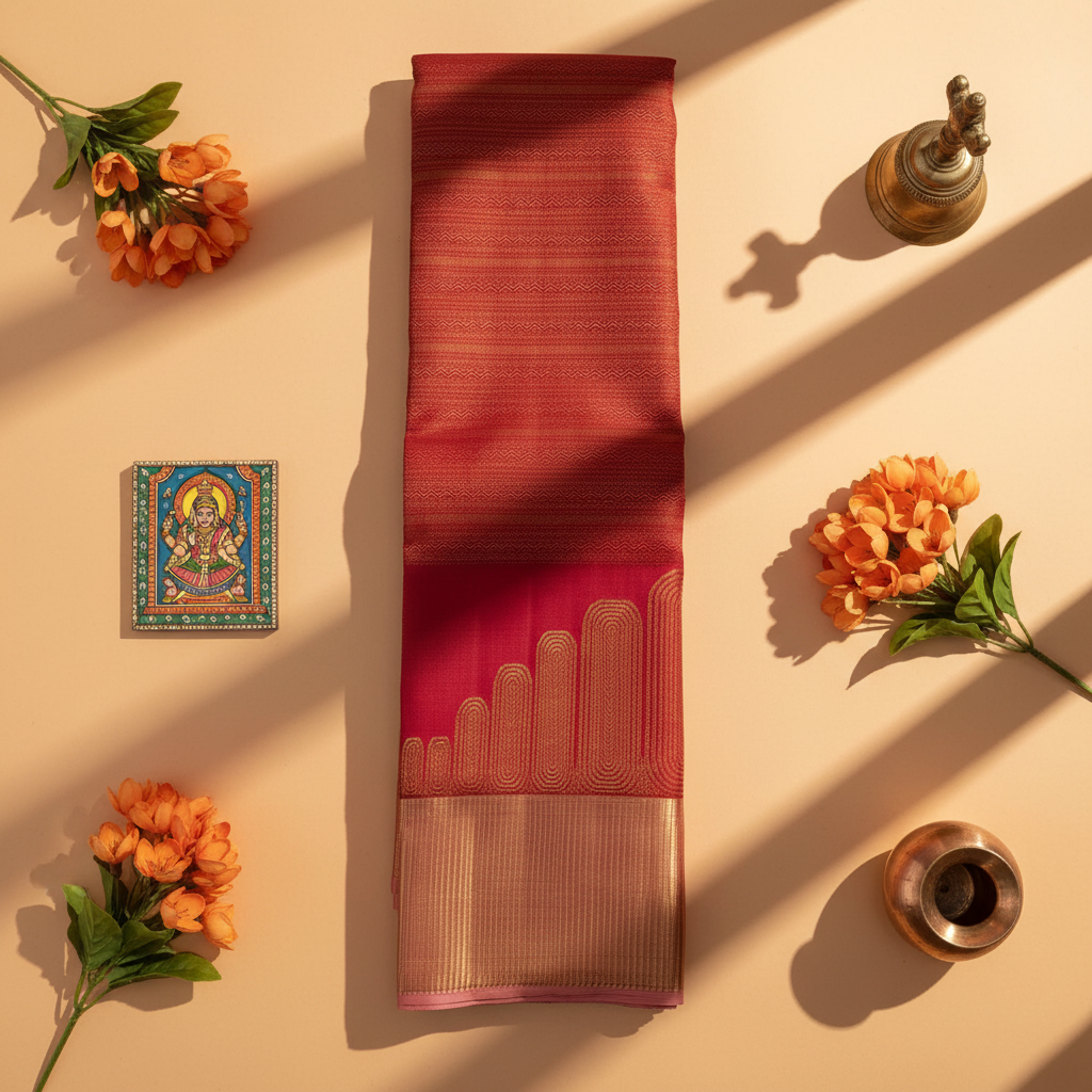 Kuberan Deep Crimson Red All-Over Gold Zari Chevron Stripe Body & Large Gold Zari Graduated Temple Arch  Kanchipuram Silk Saree