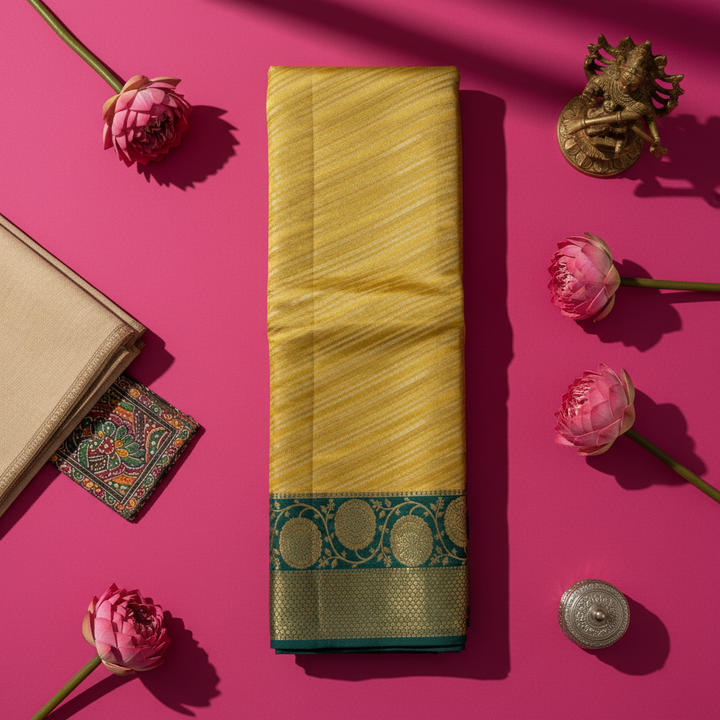 Kuberan Golden Yellow All-Over Gold Zari Diagonal Stripe Body & Gold Zari Floral Border Kanchipuram Silk Saree