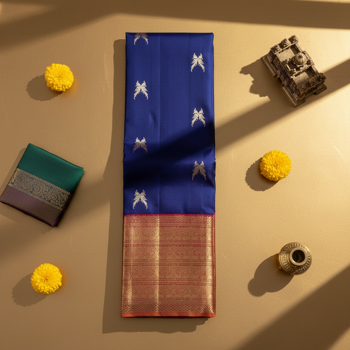 Kanchipuram Silk Saree - Royal Blue with Scattered Gold & Silver Zari Paired Parrot Buttas & Broad Crimson Red Dense Gold Zari Paisley Scroll Multi-Band Border