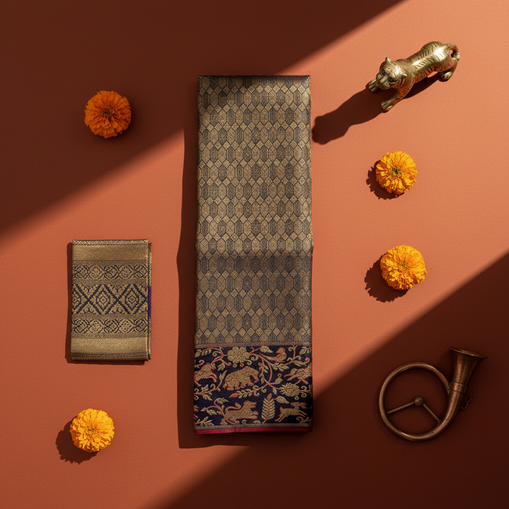Kuberan Navy Blue All-Over Gold Zari Geometric Diamond & Navy Gold Zari Elephant Lion Deer Forest Scroll Border Kanchipuram Silk Saree