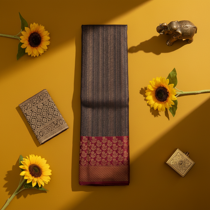 Kuberan Charcoal Blac Vertical Gold Zari Kanchipuram Silk Saree