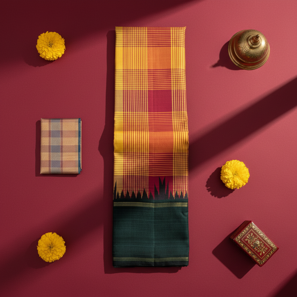 Kuberan Sunshine Yellow Multi-Colour Tartan Check with Deep Forest Green Temple Gopuram Spike Border Kanchipuram Silk Saree