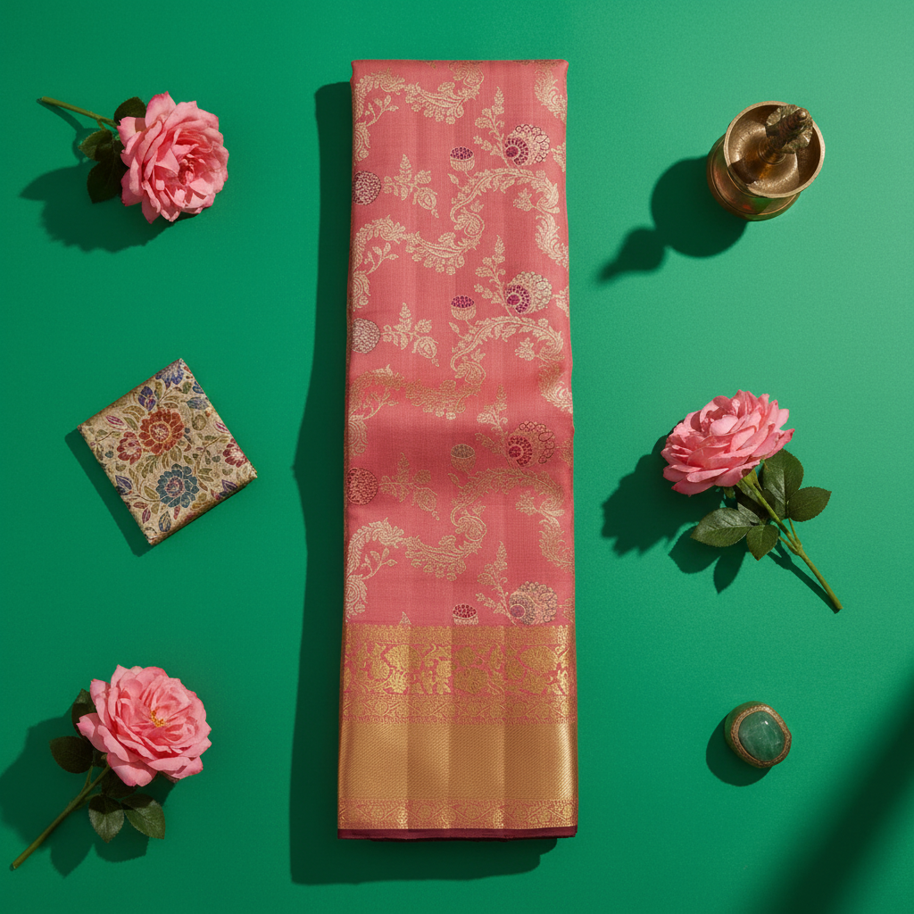 Kuberan Coral Rose Pink All-Over Gold Zari & Meenakari Multi-Colour Floral Vine  Body & Border with Gold Zari Floral  Kanchipuram Silk Saree
