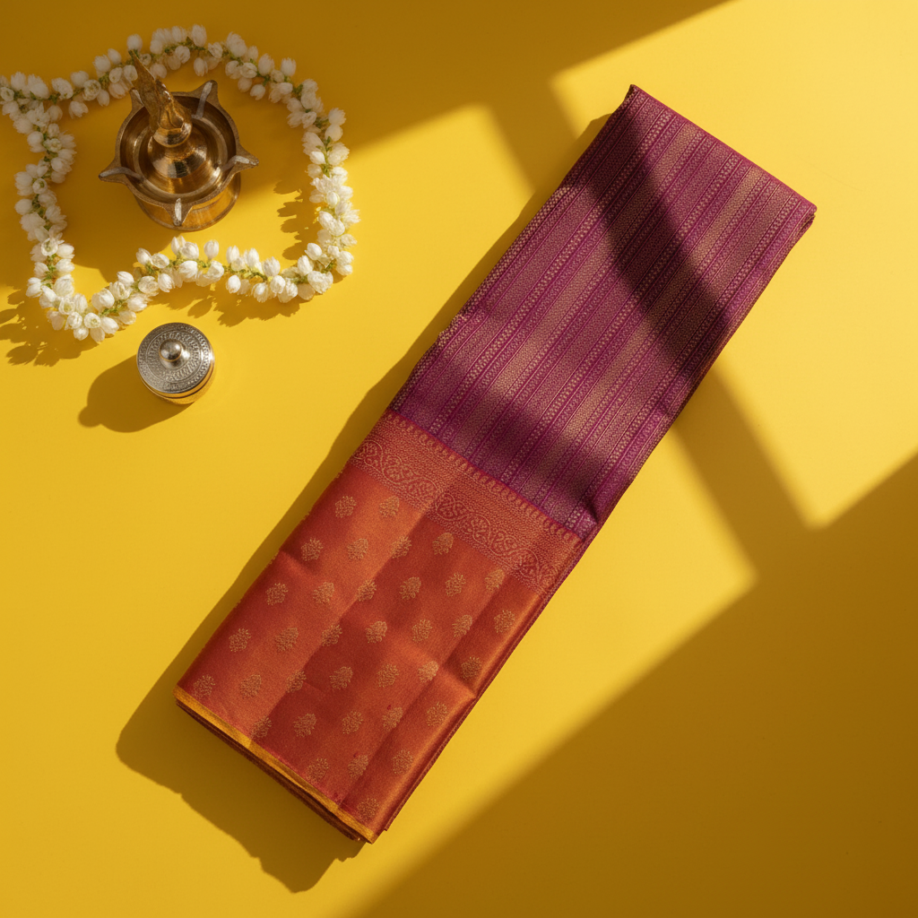 kuberan  Deep Wine Purple with Dense Zari Stripe Body & Rust Orange Floral Butta Kanchipuram Silk Saree