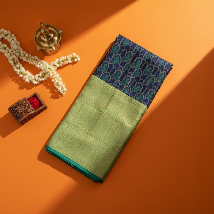 kuberan Navy Blue with Teal Floral Arch Butta & Lime Green Kanchipuram Silk Saree