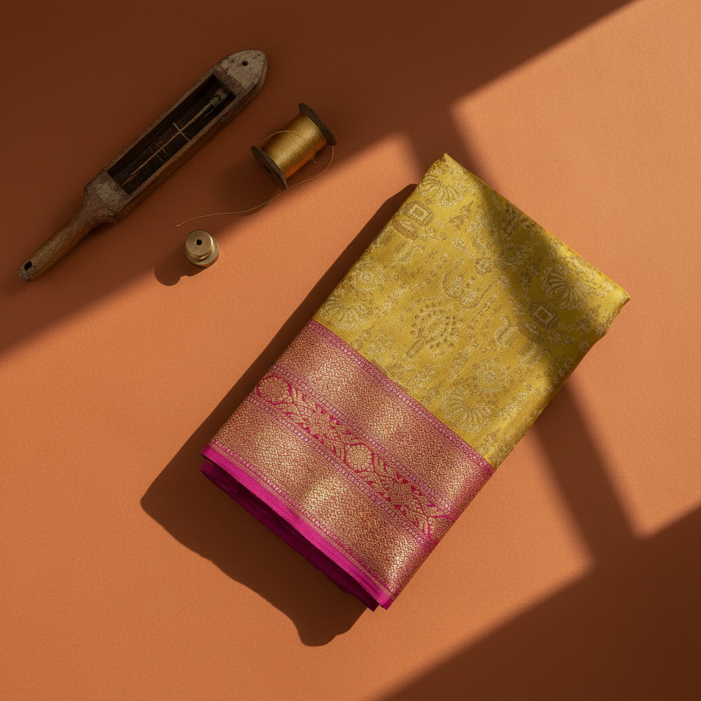 Kuberan  Chartreuse Yellow-Green with All-Over Gold Zari Temple Iconography Jaal & Broad Magenta Zari BorderKanchipuram Silk Saree