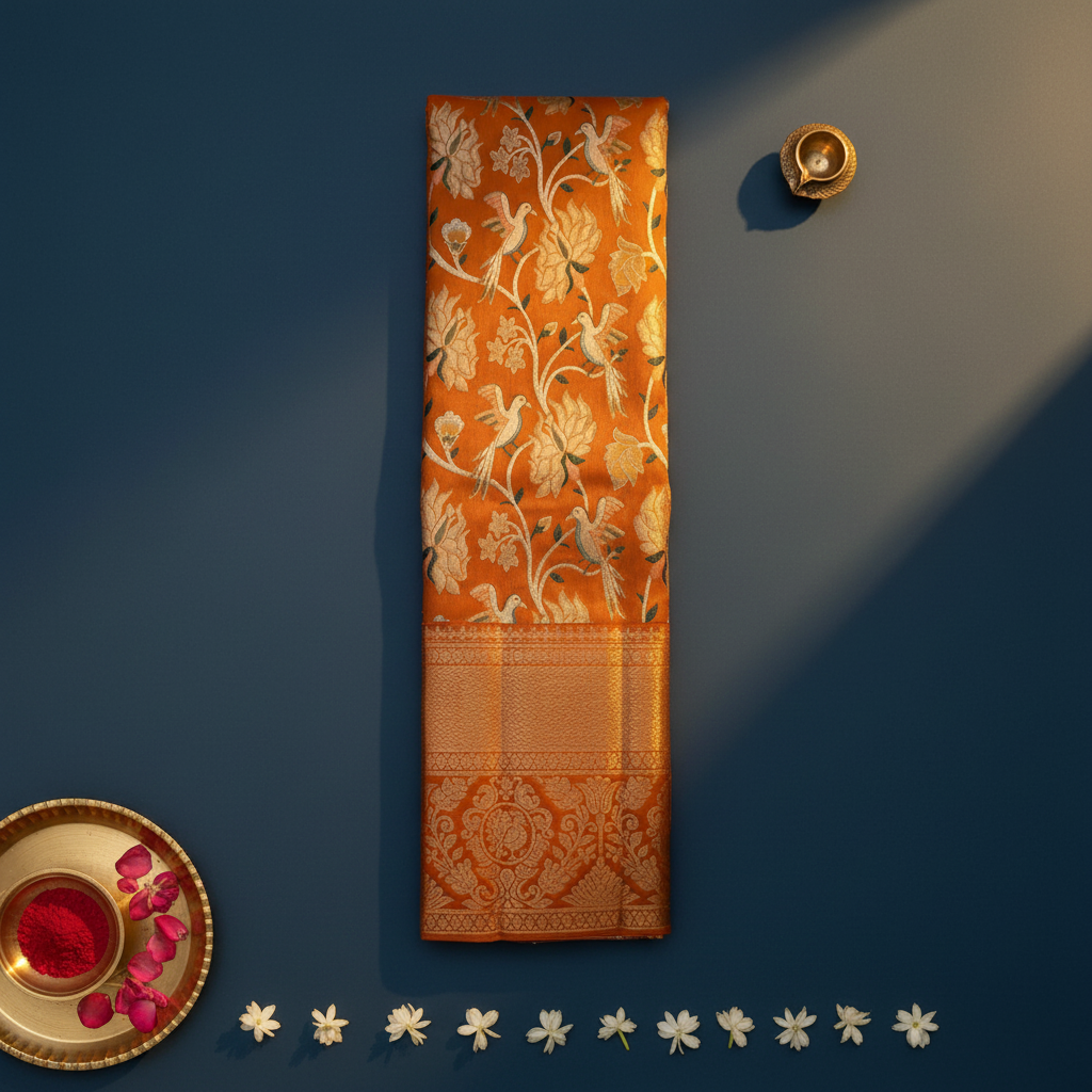 Kuberan Burnt Orange Kanchipuram Silk Saree with White Dove & Floral Vine Weave