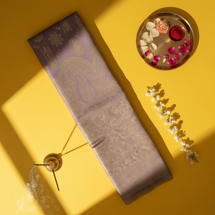Kuberan Mauve Kanchipuram Silk Saree with Gold Zari Paisley & Temple Arch Weave border