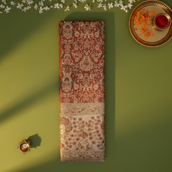Kuberan Rust Red Kanchipuram Silk Saree with Floral Vase & Cream Meenakari border
