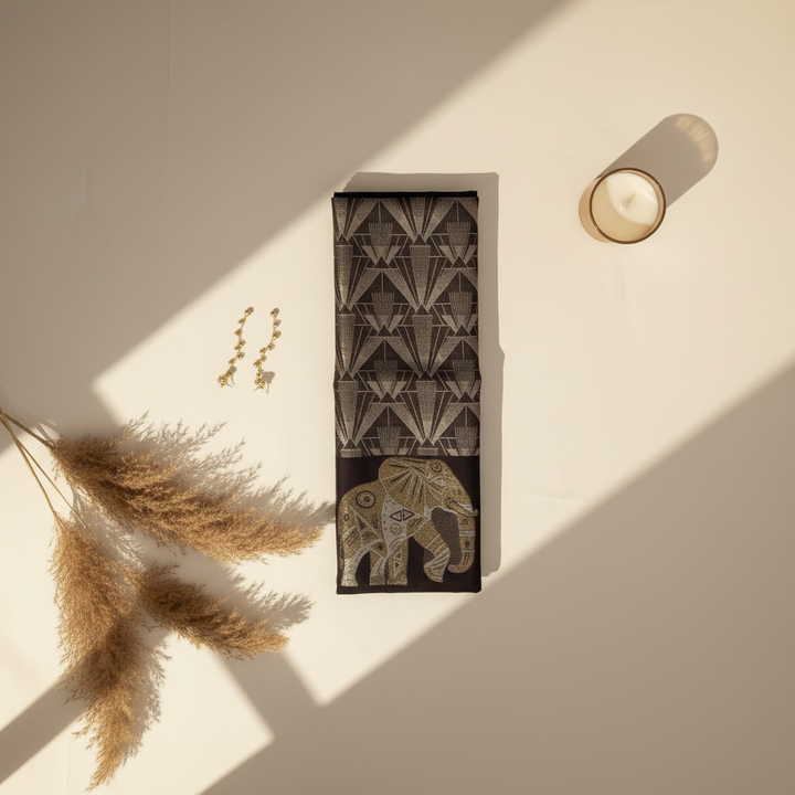 Kuberan purple with All-Over Silver & Gold Zari Art Deco Geometric Crystal Shard Weave & Large-Scale Gold Zari Mandala Elephant Kanchipuram Silk Saree