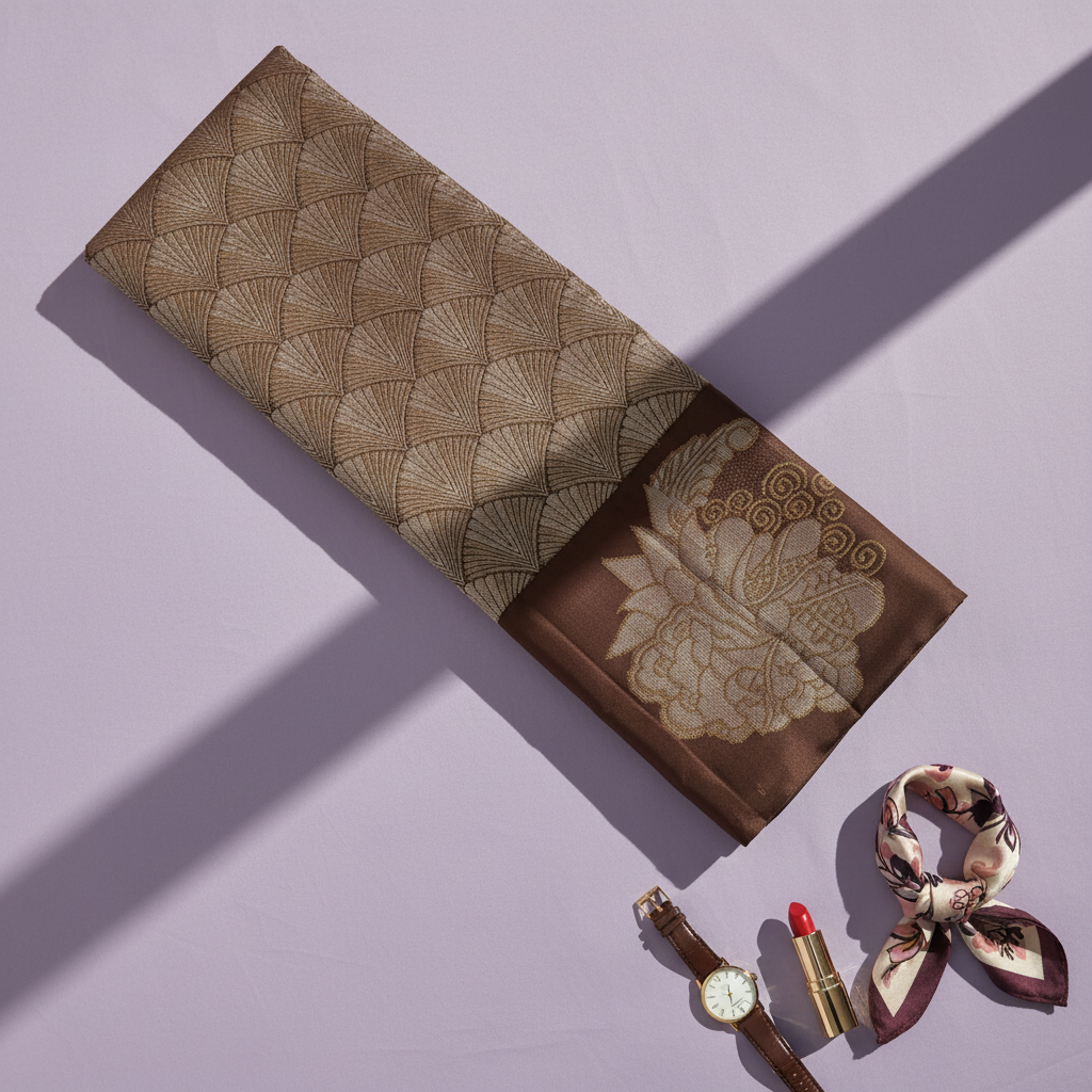 Kuberan  Warm Mocha Brown with All-Over Gold Zari Fan Weave Body & Large Lotus Medallion in border Kanchipuram Silk Saree