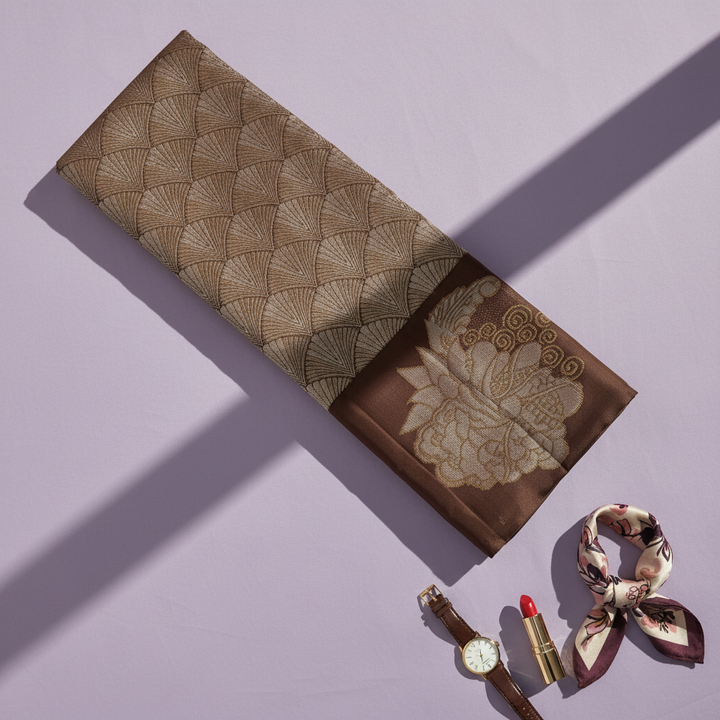 Kuberan  Warm Mocha Brown with All-Over Gold Zari Fan Weave Body & Large Lotus Medallion in border Kanchipuram Silk Saree