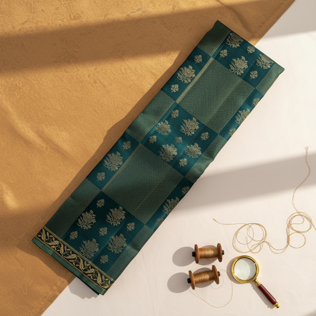 kuberan Kanchipuram Silk Saree - Teal Green with Gold Zari Checks & Floral Buttas