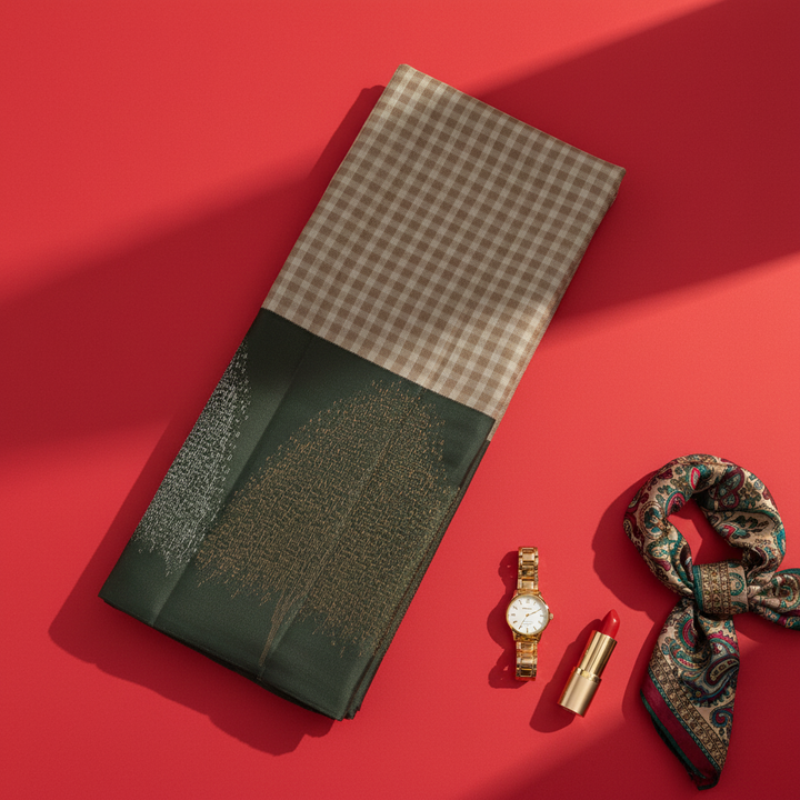 Kuberan Ivory Cream Gingham Check Body with Deep Bottle Green Gold Zari border Kanchipuram Silk Saree