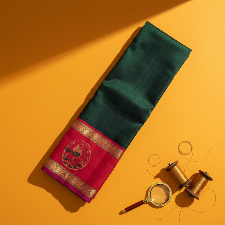 kuberan Kanchipuram Silk Saree - bottle  Green with Crimson Red Border & Kalasha Motif