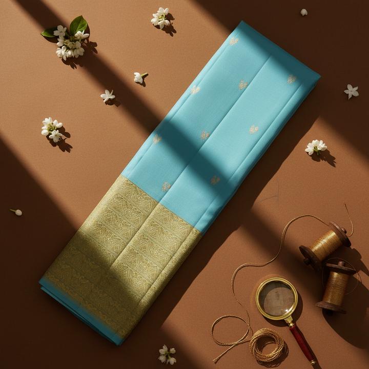 Kuberan  Sky Blue with Scattered Paired Gold Zari Duck (Hamsa) Buttas & Broad Antique Gold Zari Dense Floral Scroll Temple Arch Border Kanchipuram Silk Saree