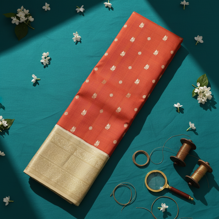 Kuberan Kanchipuram Silk Saree Orange with Scattered Gold Zari Peacock & Floral Medallion Buttas & Broad Antique Gold Zari Geometric Multi-Band Border