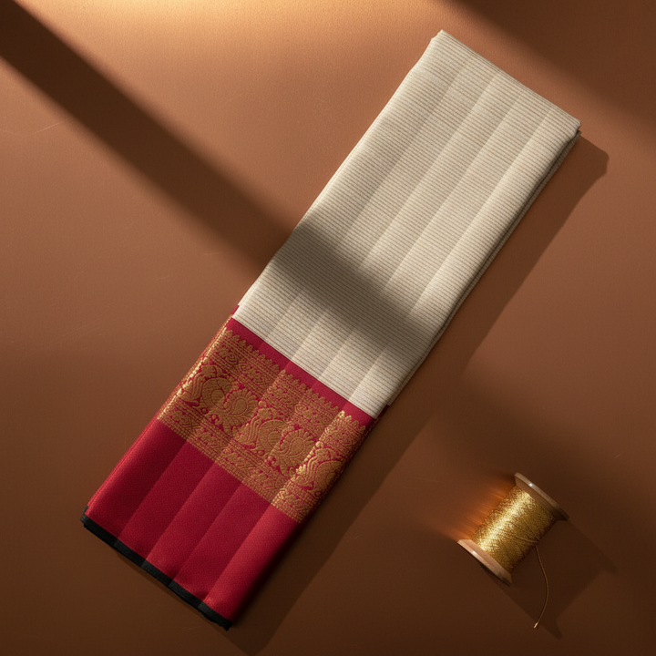 Kuberan  Ivory Cream with All-Over Fine Gold Zari Pinstripe Body & Broad Deep Crimson Red Gold Zari Peacock & Floral Scroll Border Kanchipuram Silk Saree