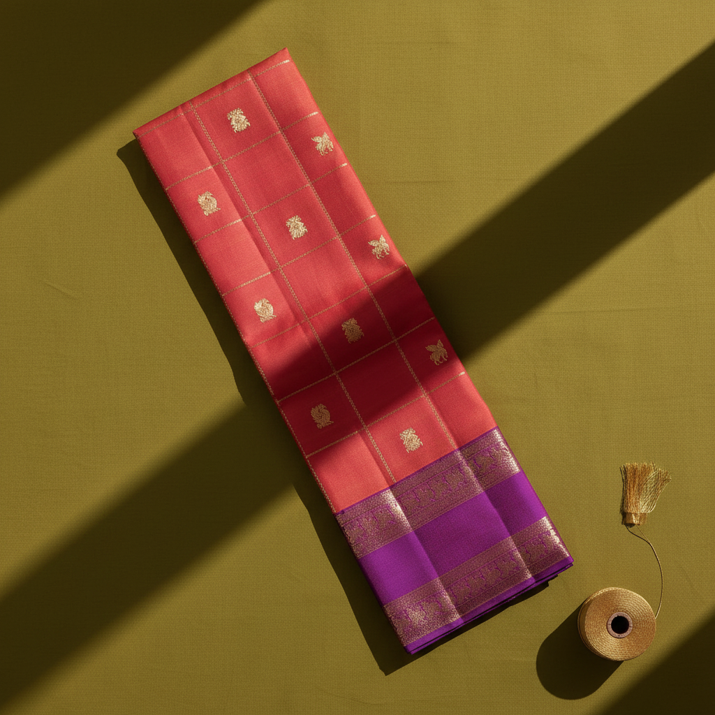 Kuberan  Coral  with Gold Zari Check Grid, Mixed Floral & Bird Buttas & Broad Deep Violet Peacock Procession Border Kanchipuram Silk Saree