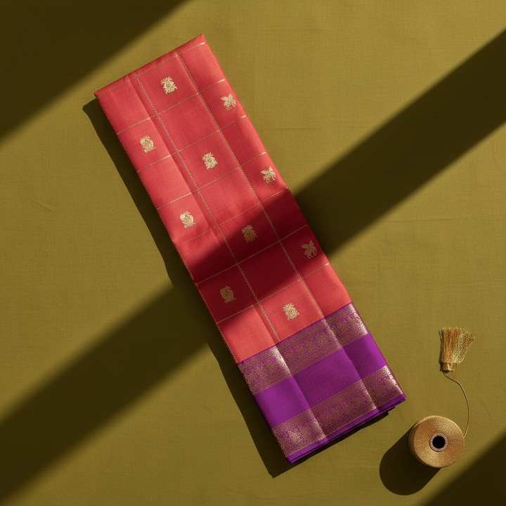 Kuberan  Coral  with Gold Zari Check Grid, Mixed Floral & Bird Buttas & Broad Deep Violet Peacock Procession Border Kanchipuram Silk Saree