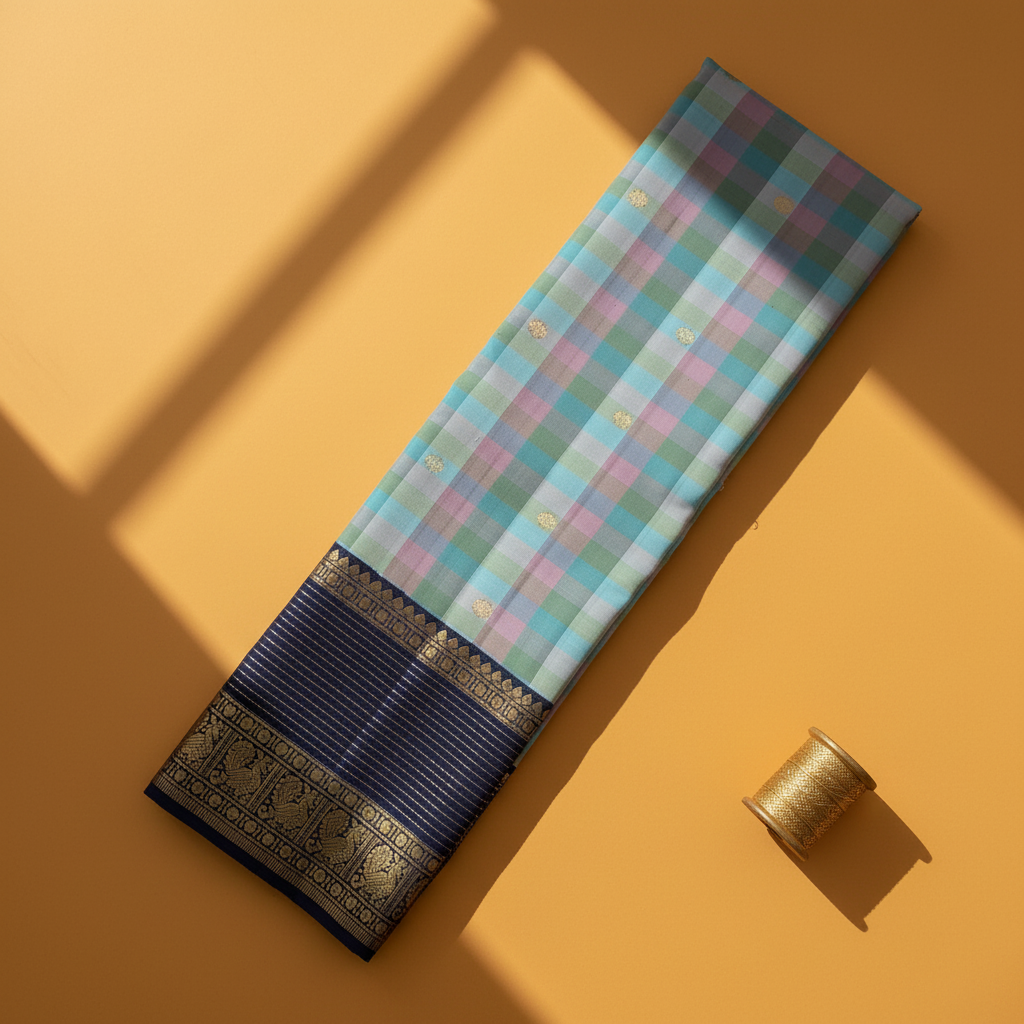 Kuberan Kanchipuram Silk Saree  Sky Blue Multi-Colour Gingham Checks with Scattered Gold Zari Mini Floral Buttas & Broad Midnight Navy Peacock & Temple Arch Border