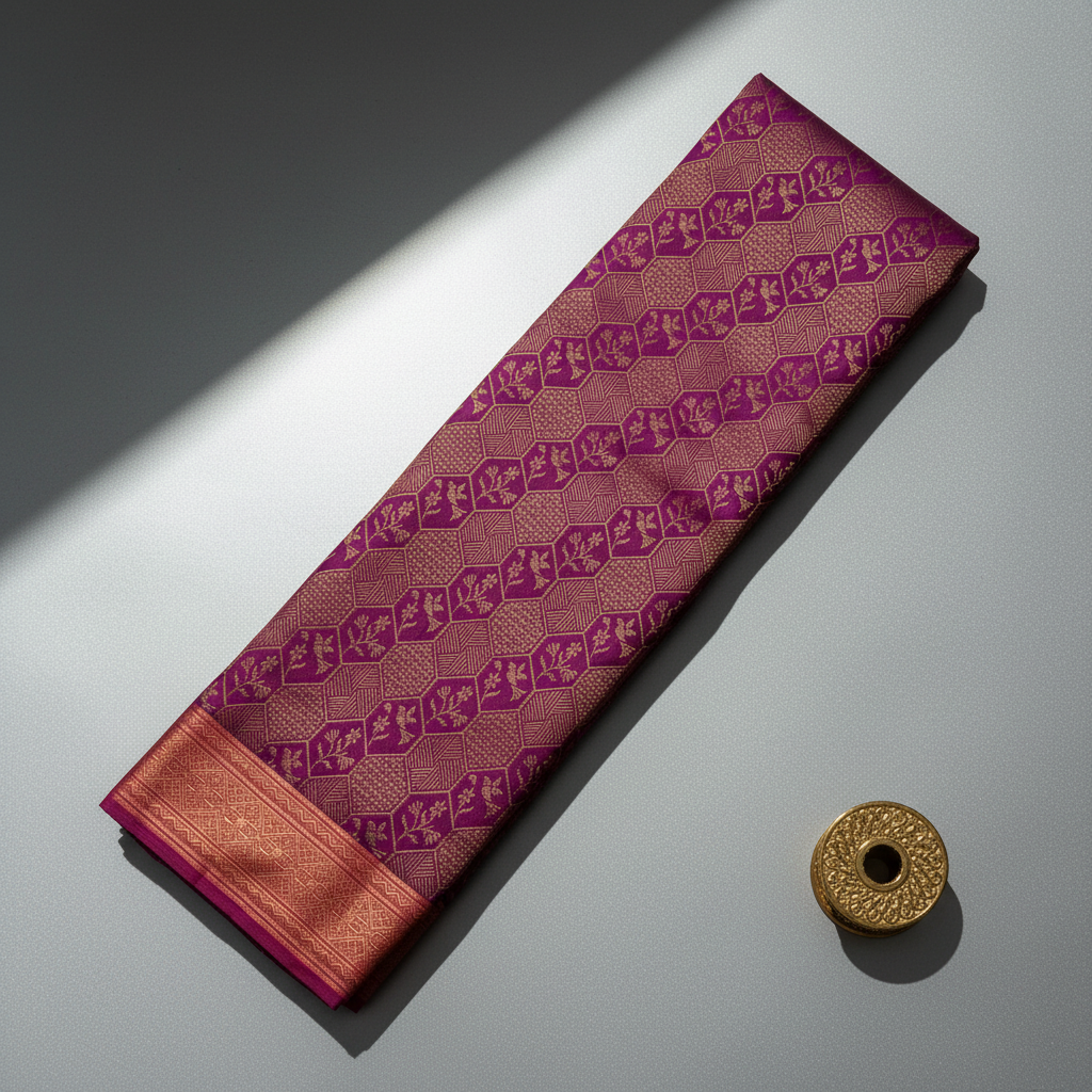 Kuberan Deep Magenta Purple with All-Over Gold Zari Hexagonal Honeycomb Jaal & Gold Zari  Border Kanchipuram Silk Saree