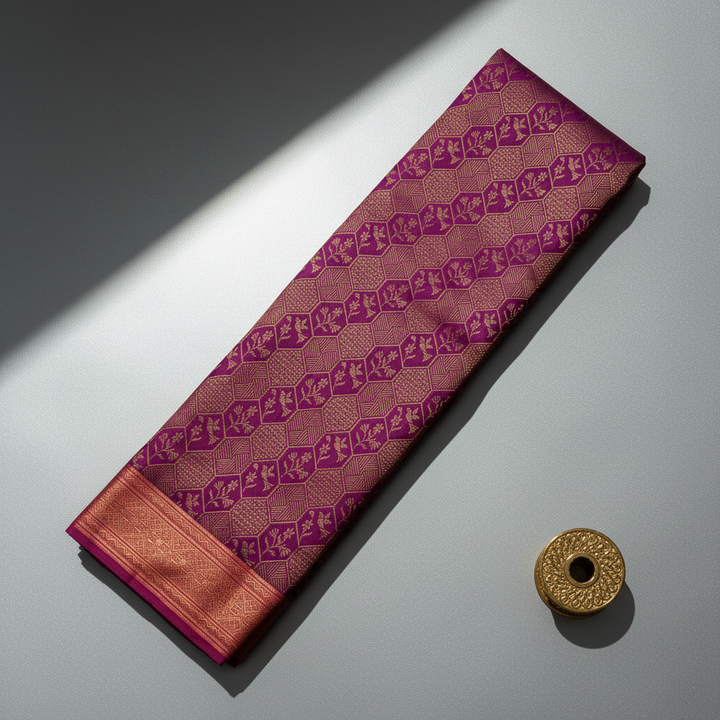 Kuberan Deep Magenta Purple with All-Over Gold Zari Hexagonal Honeycomb Jaal & Gold Zari  Border Kanchipuram Silk Saree