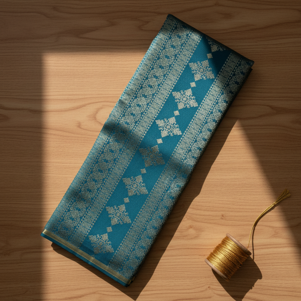 Kuberan Peacock Teal with All-Over Silver Zari Dense Geometric Diamond & Snowflake Jaal & Broad Self-Colour Teal Silver Zari Multi-Band Border Kanchipuram Silk Saree