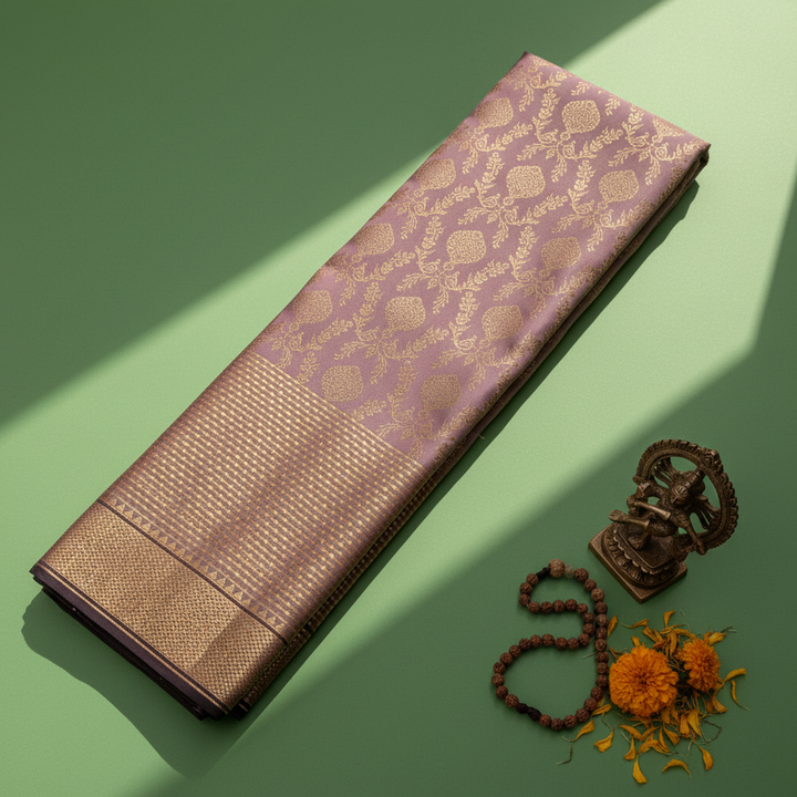 Kuberan  Mauve Lilac with All-Over Gold Zari Floral  Butta & Broad Antique Gold Zari Border Kanchipuram Silk Saree
