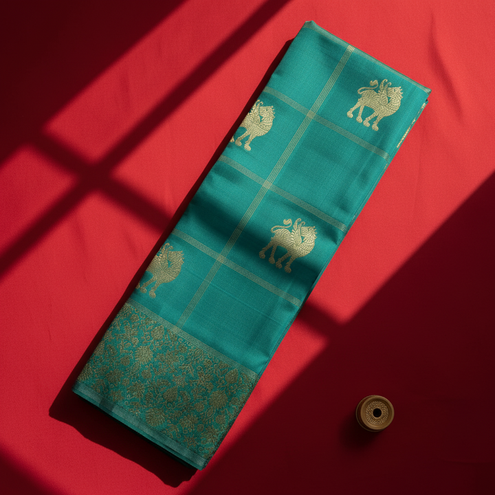 Kuberan Kanchipuram Silk Saree Peacock Teal with Scattered Gold Zari Yali Buttas on Fine Gold Zari Check Grid & Broad Self-Colour Teal Gold Zari Floral Border