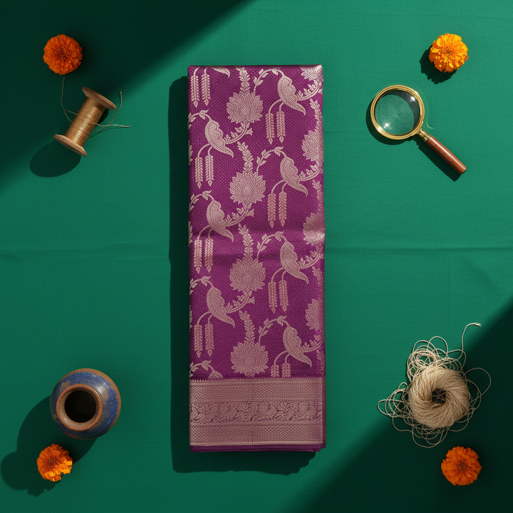 Kuberan Deep Magenta Purple with All-Over Gold Zari Parrot & Lotus Jaal Weave & Broad Antique Gold Zari Floral Scroll Border Kanchipuram Silk Saree