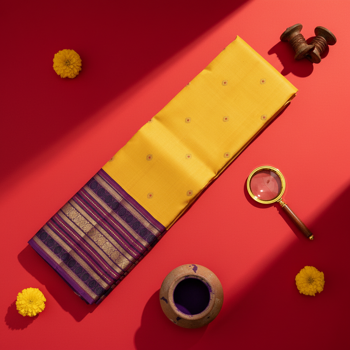Kuberan Mango Yellow with Scattered Gold Zari Sunflower Medallion Buttas & Broad Deep Violet Multi-Stripe Zari Border Kanchipuram Silk Saree