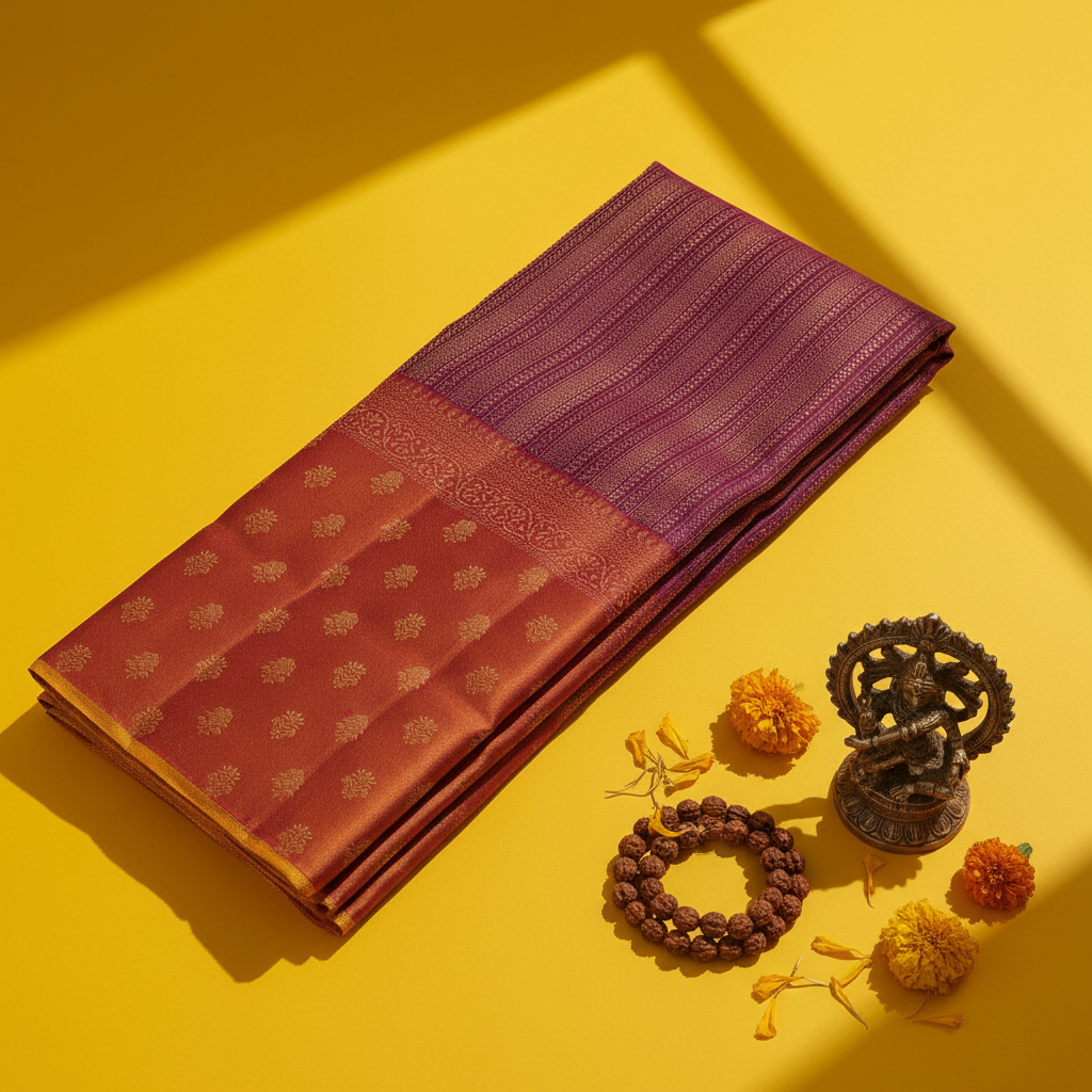 kuberan  Deep Wine Purple with Dense Zari Stripe Body & Rust Orange Floral Butta Kanchipuram Silk Saree