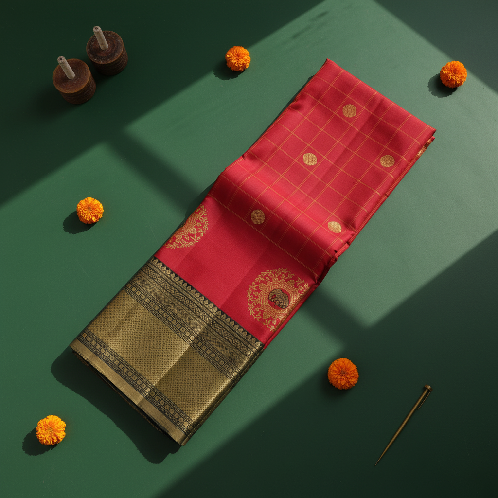 Kuberan Crimson Red with Gold Zari Check Grid, Circular Medallion Buttas & Large Gold Zari Elephant-in-Floral-Medallion with Green Border Kanchipuram Silk Saree