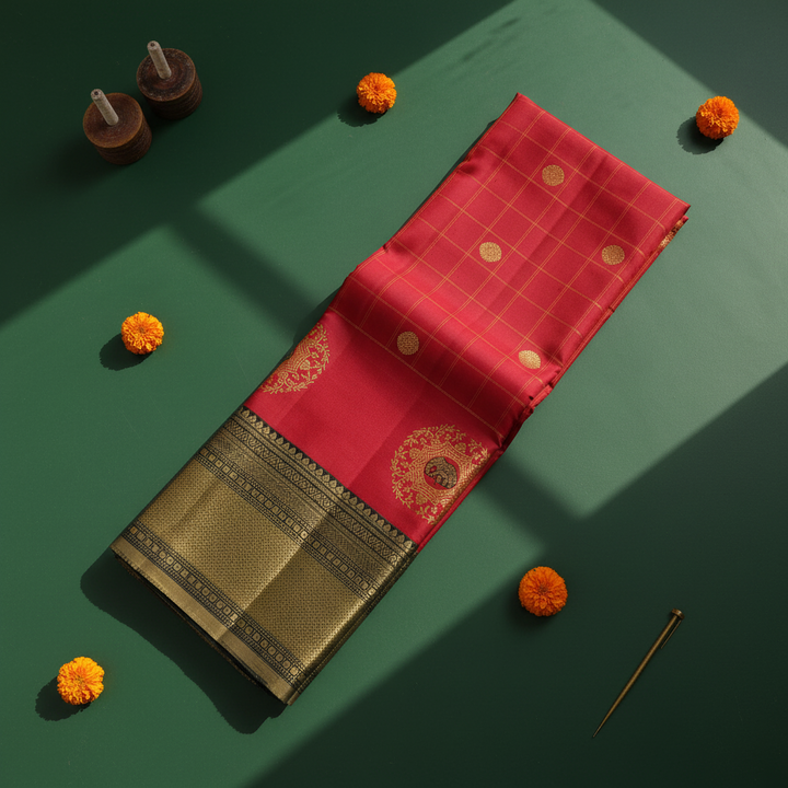 Kuberan Crimson Red with Gold Zari Check Grid, Circular Medallion Buttas & Large Gold Zari Elephant-in-Floral-Medallion with Green Border Kanchipuram Silk Saree