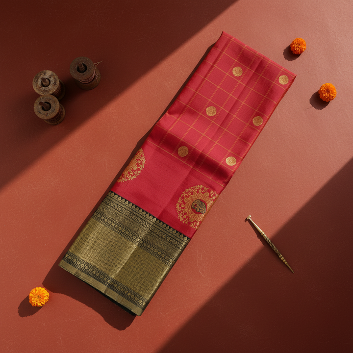 Kuberan Crimson Red with Gold Zari Check Grid, Circular Medallion Buttas & Large Gold Zari Elephant-in-Floral-Medallion with Green Border Kanchipuram Silk Saree