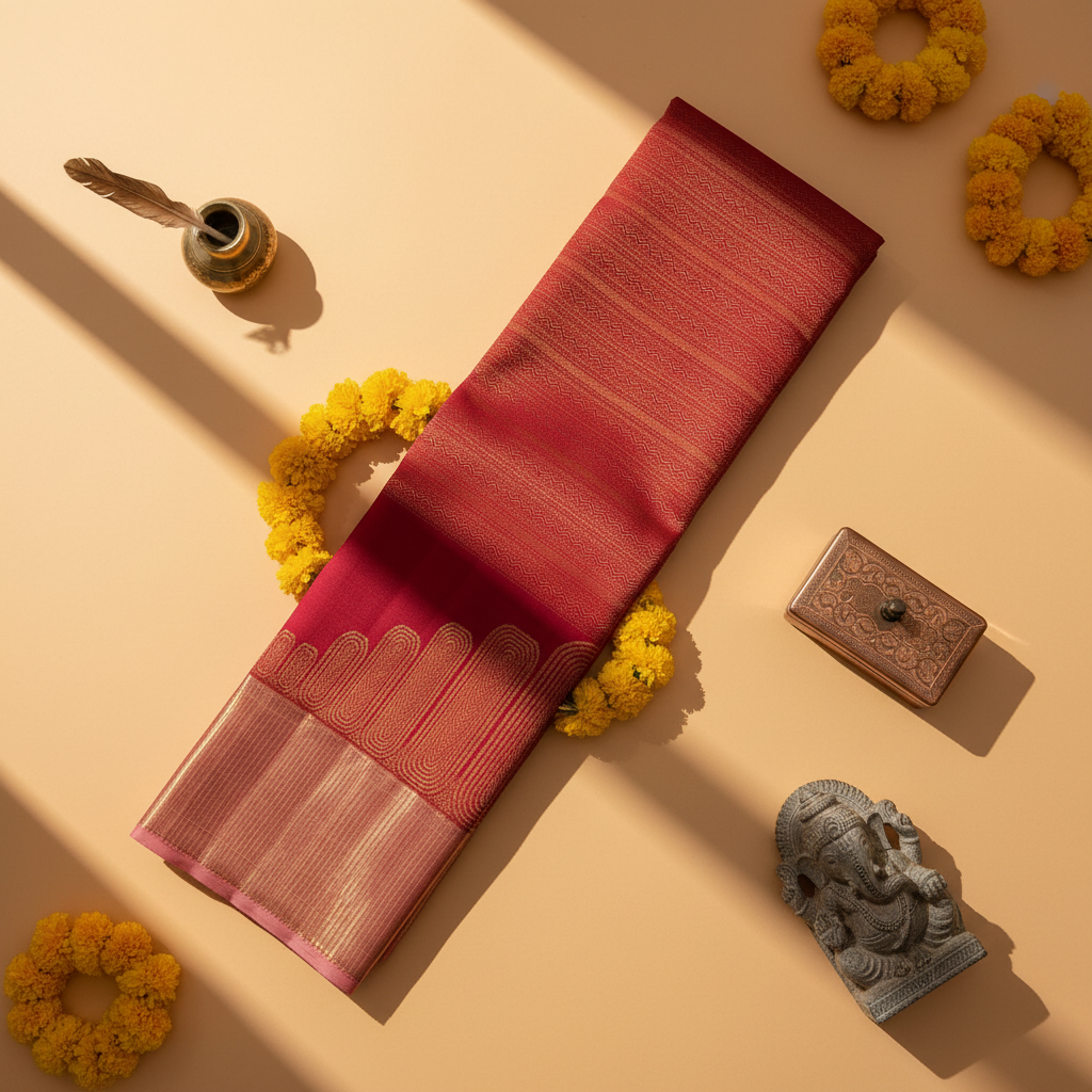 Kuberan Deep Crimson Red All-Over Gold Zari Chevron Stripe Body & Large Gold Zari Graduated Temple Arch  Kanchipuram Silk Saree