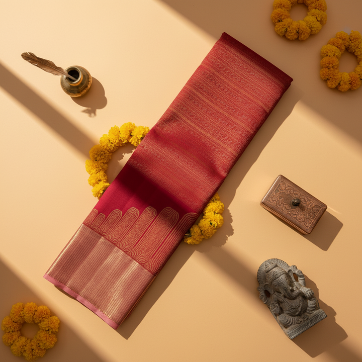 Kuberan Deep Crimson Red All-Over Gold Zari Chevron Stripe Body & Large Gold Zari Graduated Temple Arch  Kanchipuram Silk Saree