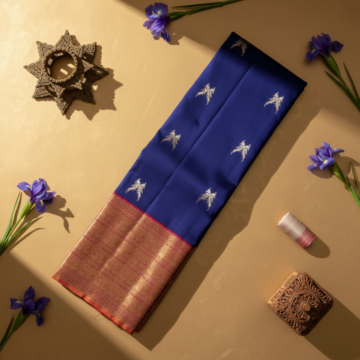 Kanchipuram Silk Saree - Royal Blue with Scattered Gold & Silver Zari Paired Parrot Buttas & Broad Crimson Red Dense Gold Zari Paisley Scroll Multi-Band Border