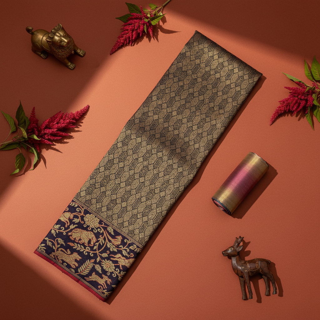 Kuberan Navy Blue All-Over Gold Zari Geometric Diamond & Navy Gold Zari Elephant Lion Deer Forest Scroll Border Kanchipuram Silk Saree