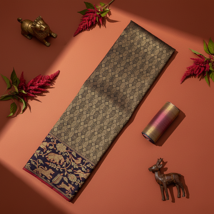 Kuberan Navy Blue All-Over Gold Zari Geometric Diamond & Navy Gold Zari Elephant Lion Deer Forest Scroll Border Kanchipuram Silk Saree