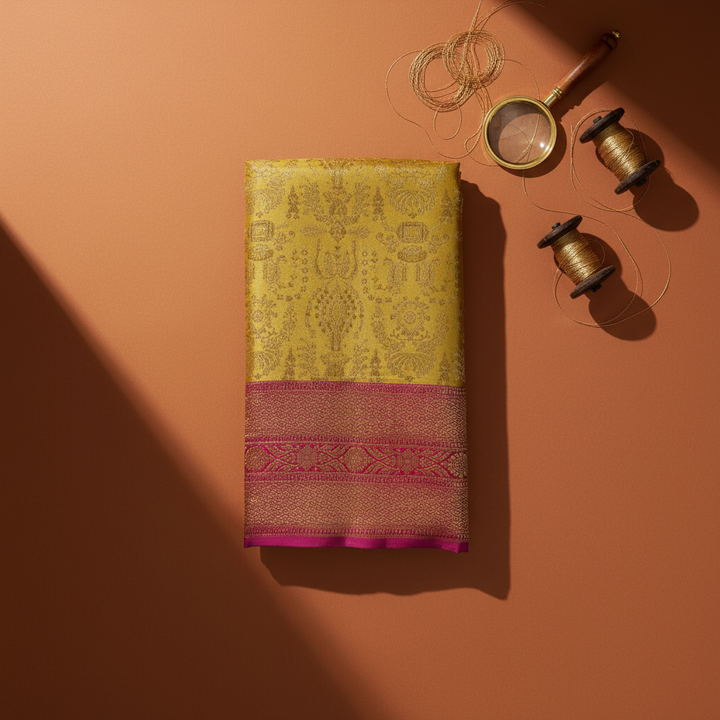 Kuberan  Chartreuse Yellow-Green with All-Over Gold Zari Temple Iconography Jaal & Broad Magenta Zari BorderKanchipuram Silk Saree