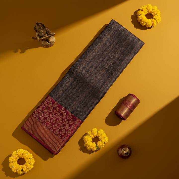 Kuberan Charcoal Blac Vertical Gold Zari Kanchipuram Silk Saree