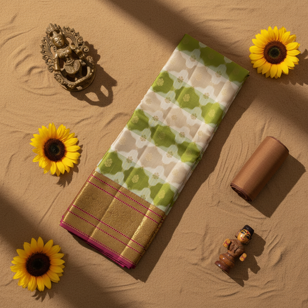 Kuberan  Ivory Cream & Olive Green Two-Colour Body with Gold Zari Floral Butta Kanchipuram Silk Saree