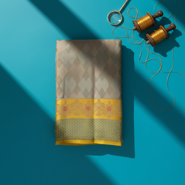 kuberan Kanchipuram Silk Saree - Silver Grey Diamond Weave with Yellow Zari Border & Red Floral Motif