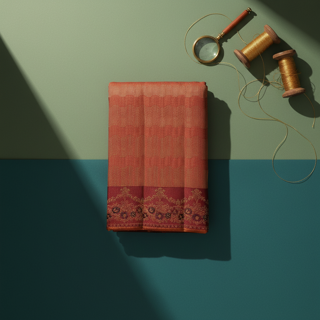 kuberan Terracotta Kanchipuram Silk Saree with Gold Zari Wave Weave & Maroon Floral Vine Border